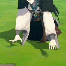 a cartoon character is kneeling down on the grass with his hands outstretched