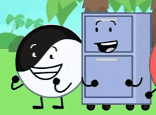 a black and white cartoon character is smiling next to a blue refrigerator