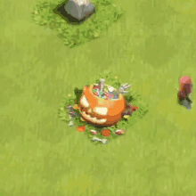 a trick or treat advertisement with a pumpkin in the grass