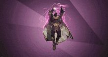a man in a green cape is standing in front of a pink background .