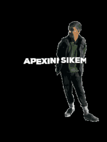 a man is standing in front of a black background with apexini sikem written in white letters