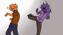 a cartoon drawing of a man and a purple person