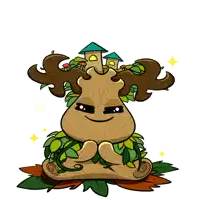 a cartoon drawing of a tree with antlers and houses behind it