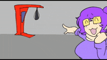 a cartoon of a girl with glasses pointing at a punching bag