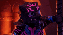 a cartoon character with a purple face and a sword
