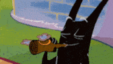 a cartoon cat is holding a bottle of beer and a cd