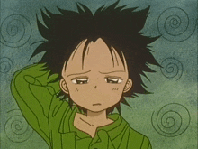 a cartoon drawing of a boy with black hair