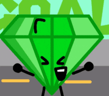a cartoon drawing of a green diamond with a face and arms
