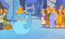 a cartoon of a woman in a teapot standing in front of a crowd .