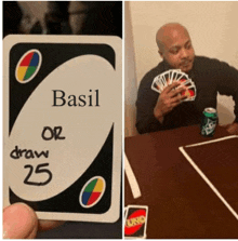 a person is holding a card that says basil on it