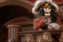 a pixel art of a pirate holding a gun standing on a balcony .