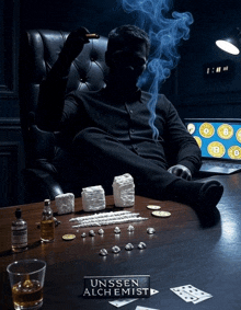 a man is sitting at a desk with a sign that says unssen alchemist