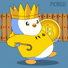 a penguin with a crown and a cane is holding a coin with the letter b on it