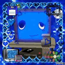 a picture of a computer monitor with a face on it is surrounded by hearts and cds