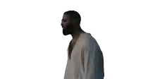a man with a beard wearing a white shirt is standing on a white background