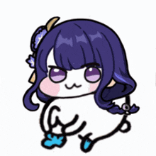 a cartoon character with purple hair and purple eyes is holding a blue object in her hand .