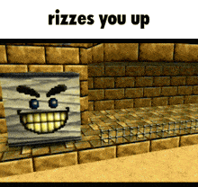 a brick wall with a smiling face on it and the words " rizzes you up "
