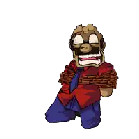 a cartoon of a man tied up with a chain