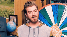 a man with a beard is holding a wheel of fortune that says the musical