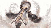 a girl with gray hair and a hood is holding a bell