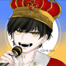 a drawing of a man wearing a crown and holding a microphone with the name tsubasa below him