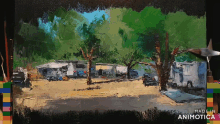 a painting of a trailer park is made in animatica