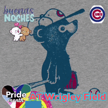 a picture of a bear holding a baseball bat with pride month written on it
