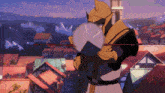 a man in armor is holding a bow and arrow in front of a town