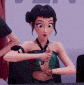 a cartoon girl with a surprised look on her face is sitting at a desk