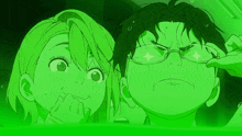 a boy and a girl are looking out of a window with green lights behind them