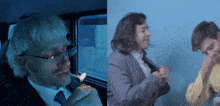 a man with glasses is smoking a cigarette next to a man with long hair