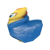 a yellow and blue rubber duck with a blue cape on it