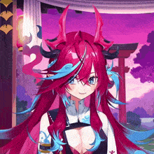 a girl with long red hair and horns is smiling in a video game