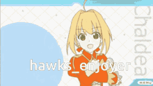 a drawing of a girl with the words hawks enjoyer written below her