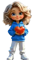 a girl in a blue hoodie is holding a red heart in her hands