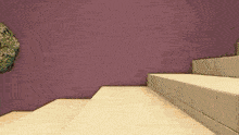 an empty room with a purple wall and white tile floor
