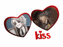 two hearts with a picture of a man and the word kiss below it