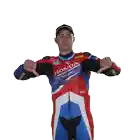 a man in a red white and blue honda motorcycle suit