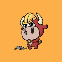 a cartoon bull wearing a hard hat is holding a drill