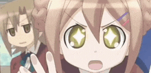 a girl with a diamond in her eyes is standing next to a boy with a serious look on his face .