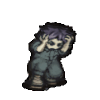 a pixel art of a boy with purple hair holding his head in his hands .