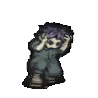a pixel art of a boy with purple hair holding his head in his hands .