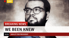 a man with glasses and a beard is featured on a breaking news screen