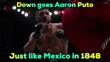 a man in a boxing ring with the words down goes aaron puto just like mexico in 1848 below him
