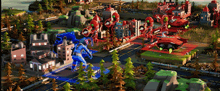 a computer generated image of a city with lots of buildings and vehicles