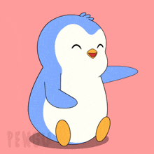 a blue and white penguin on a pink background