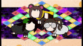 a group of cartoon characters are laying on a colorful carpet