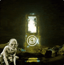 a drawing of a gollum standing in front of a door with a glowing circle on it