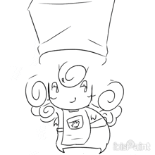a black and white drawing of a girl wearing a chef 's hat and apron