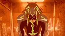 a cartoon drawing of a monster with glowing green arms and teeth